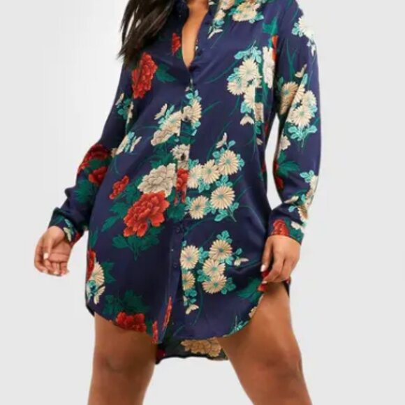 Boohoo Shirt Dress 14 Long Sleeve Floral Artsy Unique Collared Button Front - Picture 1 of 14